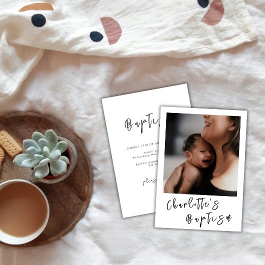 Modern Zwart & Wit Script Baby Fotodoop Kaart