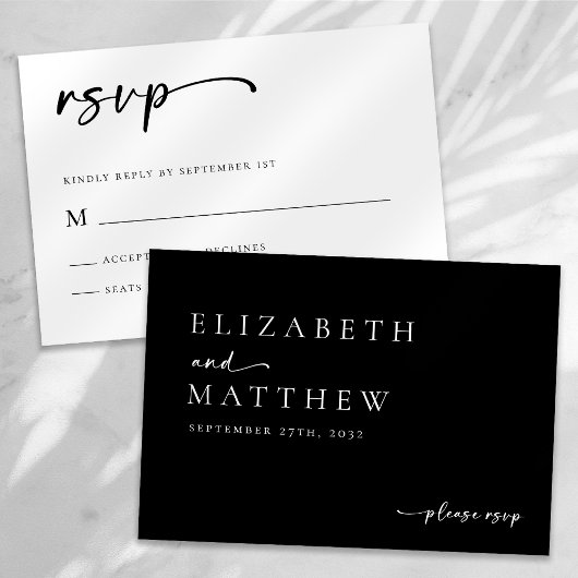 Modern zwart-wit script bruiloft RSVP kaartje