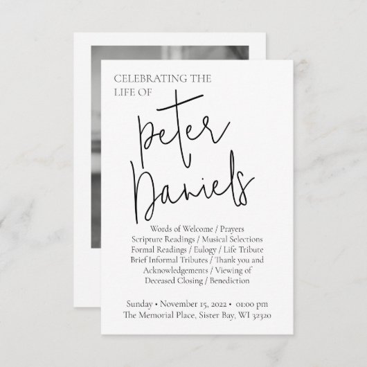 Modern zwart-wit script foto begrafenisprogramma kaart (Voorkant / Achterkant)