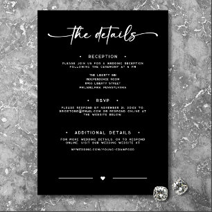 Modern zwart wit script Minimale bruiloft details Informatiekaartje