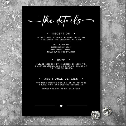 Modern zwart wit script Minimale bruiloft details Informatiekaartje