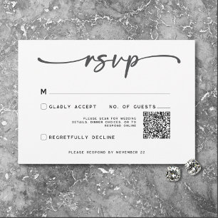 Modern zwart wit script Minimale bruiloft QR-code RSVP Kaartje