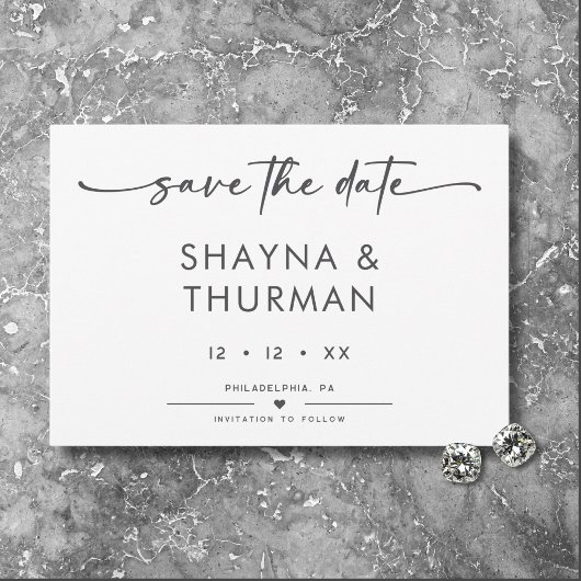 Modern Zwart Wit Script Minimale bruiloft Save The Date