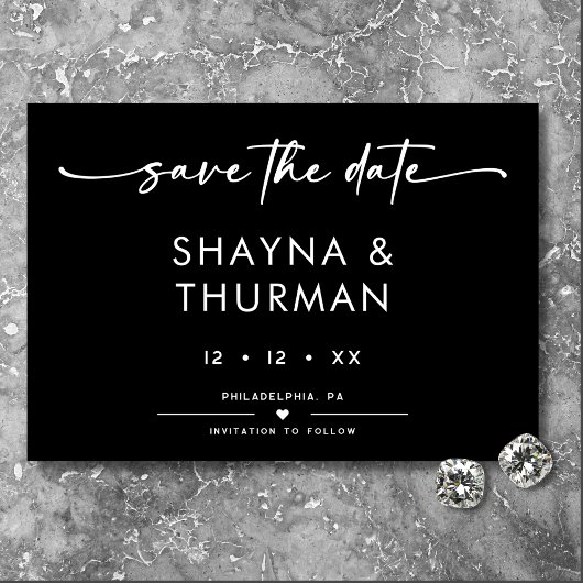 Modern Zwart Wit Script Minimale bruiloft Save The Date