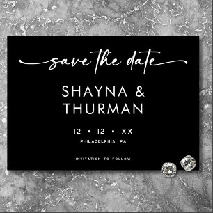 Modern Zwart Wit Script Minimale bruiloft Save The Date