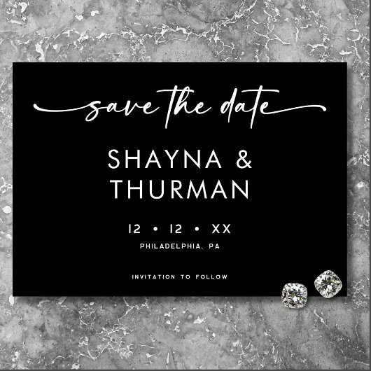 Modern Zwart Wit Script Minimale bruiloft Save The Date
