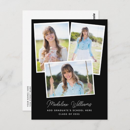 Modern zwart-wit script multi-foto Afstuderen Briefkaart (Voorkant / Achterkant)