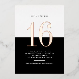 Modern Zwart-wit Sweet 16 Roos goudfolie Folie Uitnodiging