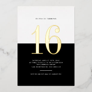 Modern Zwart-wit Sweet Sixteen Gold Foil Folie Uitnodiging