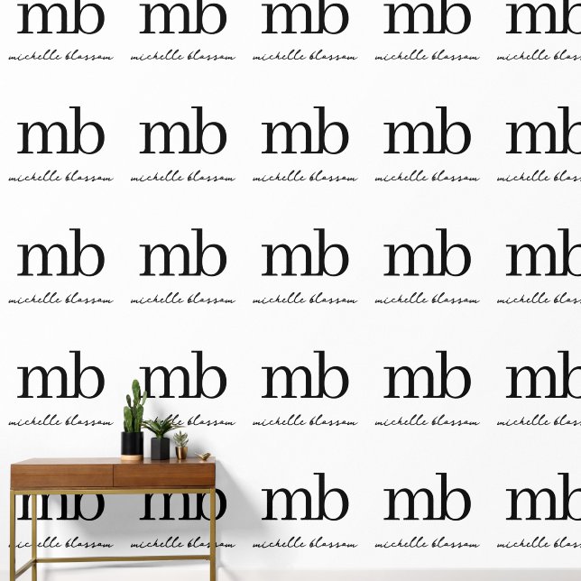 Modern Zwart Wit Trendy Script Initiaal Monogram Behang (Hal)