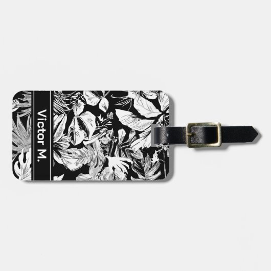 Modern zwart-wit tropisch mannelijk bagagelabel (Voorkant horizontaal)
