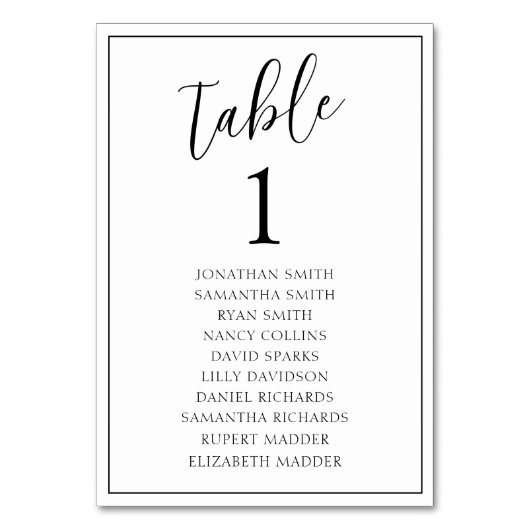 Modern Zwart & Wit Trouwtafel Nummer Kaart (Voorkant)