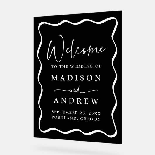 Modern Zwart-wit Wavy Lijst Bruiloft Welkom Acryl Bord (Hoek)