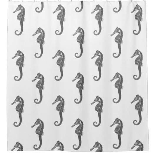 Modern zwart wit zeepaardje douchegordijn (Voorkant)
