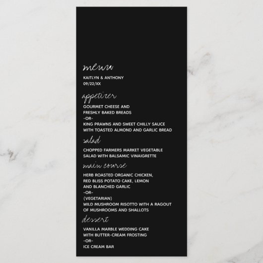 Modern zwart-witscript minimalistisch huwelijk menu (Voorkant)
