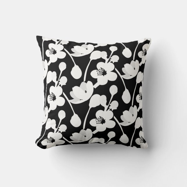 Modern Zwart Witte Bloem Kussen (Voorkant)