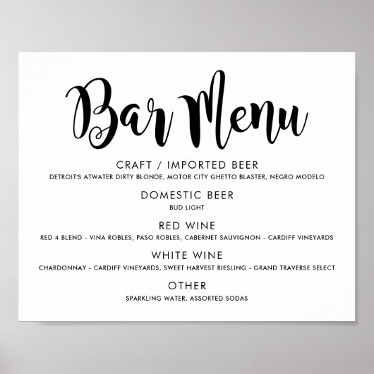 Modern Zwarte Script Bruiloftsbar Menu Poster (Voorkant)