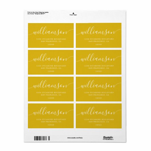 Modern Zwavelgeel Script Familie Retouradres Etiket (Full Sheet)