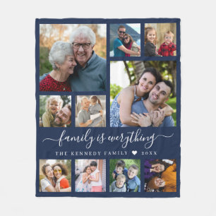Moderne 10 foto collage familie naam citaat blauw fleece deken