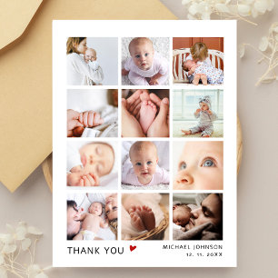 Moderne 12 foto collage baby shower bedankkaart briefkaart
