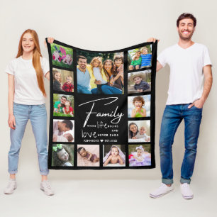 Moderne 13 foto collage familie citaat naam zwart fleece deken