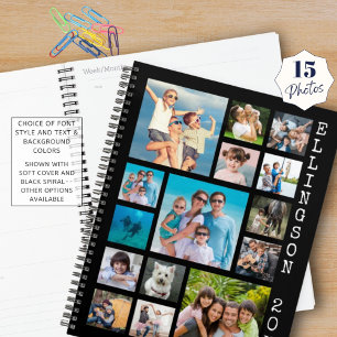 Moderne 15 foto-collage familie, zwart op maat planner