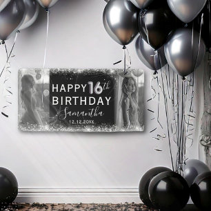 Moderne 16e Zilveren Glitter & Fotoverjaardag Spandoek
