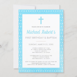 Moderne 1e verjaardag doop jongen blauw polka dot kaart