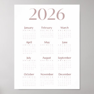 Moderne 2026 Minimalistische Kalender op één blad Poster