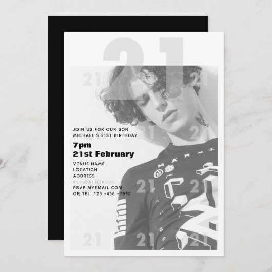 Moderne 21e anniversaire GARÇON Invitation de la f (Devant / Derrière)