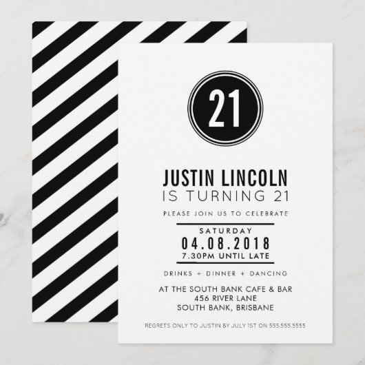 MODERNE 21E anniversaire INVITATION simple tache n (Devant / Derrière)