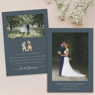 Moderne 2 foto dinosaurus thema bruiloft bedankkaart