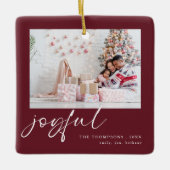 Moderne 2 foto Joyful Script Christmas Bourgondië Keramisch Ornament (Voorkant)