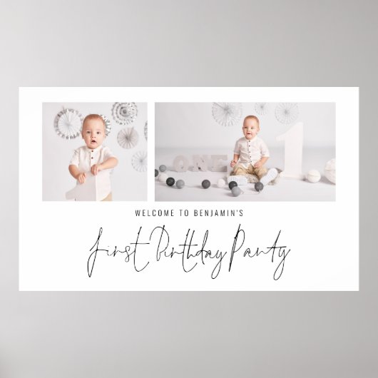 Moderne 2 Foto Script Welcome First Birthday Party Poster (Voorkant)