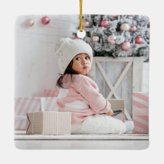 Moderne 2 foto vreugdevolle gouden script kerst keramisch ornament (Achterkant)