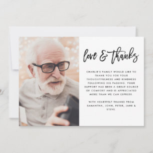 Moderne 2-foto zwart handgeschreven script begrafe bedankkaart