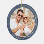 Moderne 2-fotoblauw kerstfeest keramisch ornament (Links)