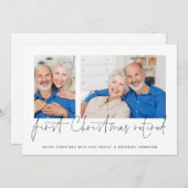 Moderne 2-fotoscript Eerste Kerstmis in ruste Feestdagenkaart (Voorkant / Achterkant)