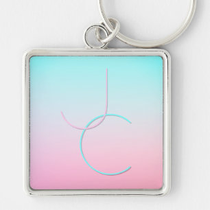 Moderne 2 overlappende Initialen Turquoise Pink Sleutelhanger