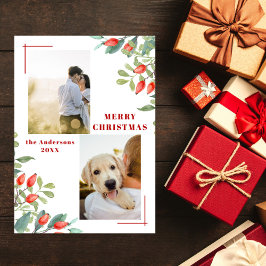 Moderne 2 Photo Collage Winter Botanicals Kerstmis Feestdagenkaart