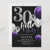 Moderne 30e verjaardag Zwart Zilver Paarse Ballonn Kaart (Voorkant)
