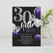 Moderne 30e verjaardag Zwart Zilver Paarse Ballonn Kaart (Staand voorkant)