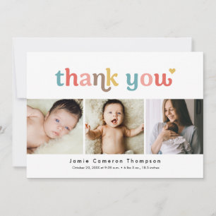 Moderne 3 Foto Baby Shower Kleurrijke typografie Bedankkaart