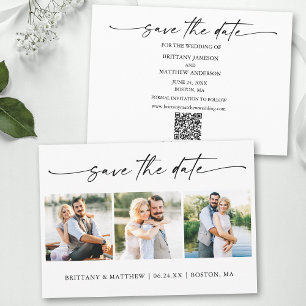 Moderne 3 foto minimalistische inkt pen script QR Save The Date