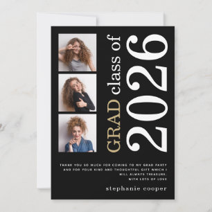 Moderne 3 foto Vet tekst 2026 Zwarte Afstuderen Bedankkaart