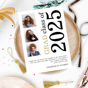 Moderne 3 foto Vette tekst 2023 Wit Afstuderen Bedankkaart