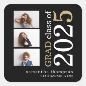 Moderne 3 foto White Gold Text 2023 Afstuderen Vierkante Sticker (Voorkant)