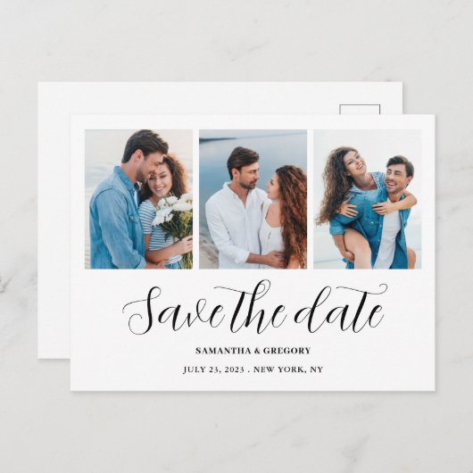 Moderne 3 fotocollage bewaar de datum bruiloft aankondigingskaart (Voorkant / Achterkant)