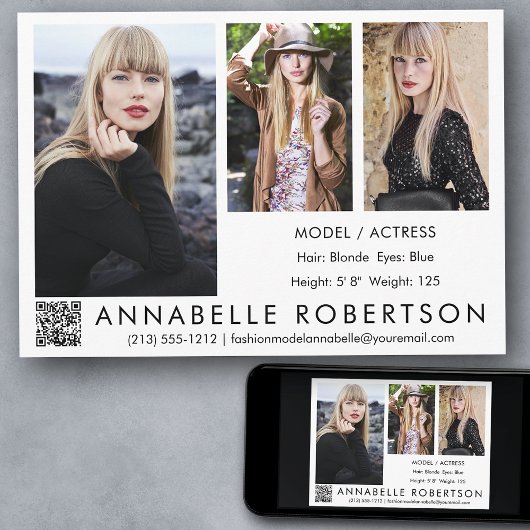 Moderne 3 foto's QR-code model en acteur comp-card Kaart