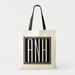 Moderne 3 Initiaal Monogram   Wit Op Zwart Tote Bag